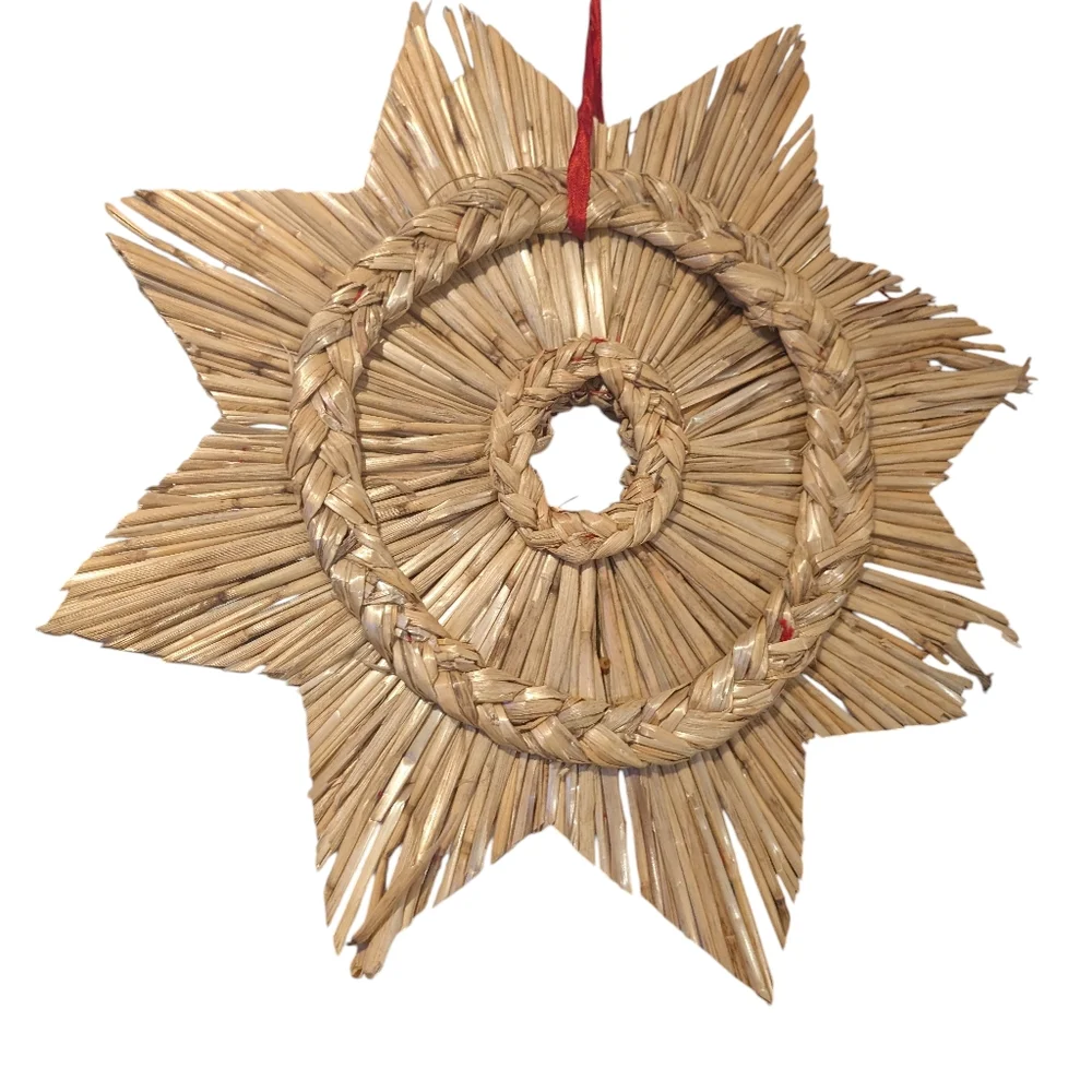 Vintage Holiday Swedish‎ Braided Straw Star Christmas Wreath Poinsettia Rare